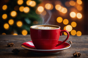 Fototapeta premium Hot Coffee in a Red cup on wooden table.