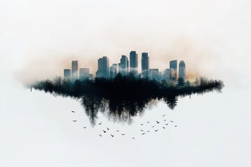 Obraz premium A city skyline is reflected in a body of water. The city is surrounded by trees and the water is murky. Scene is one of mystery and intrigue