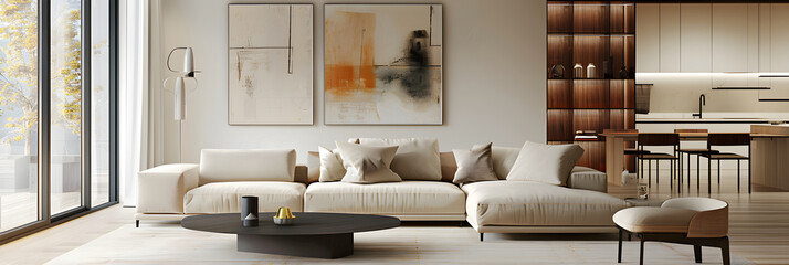 Luxurious Modern Living Room With Chic Minimalistic Décor and Spacious, Light-filled Dining Area