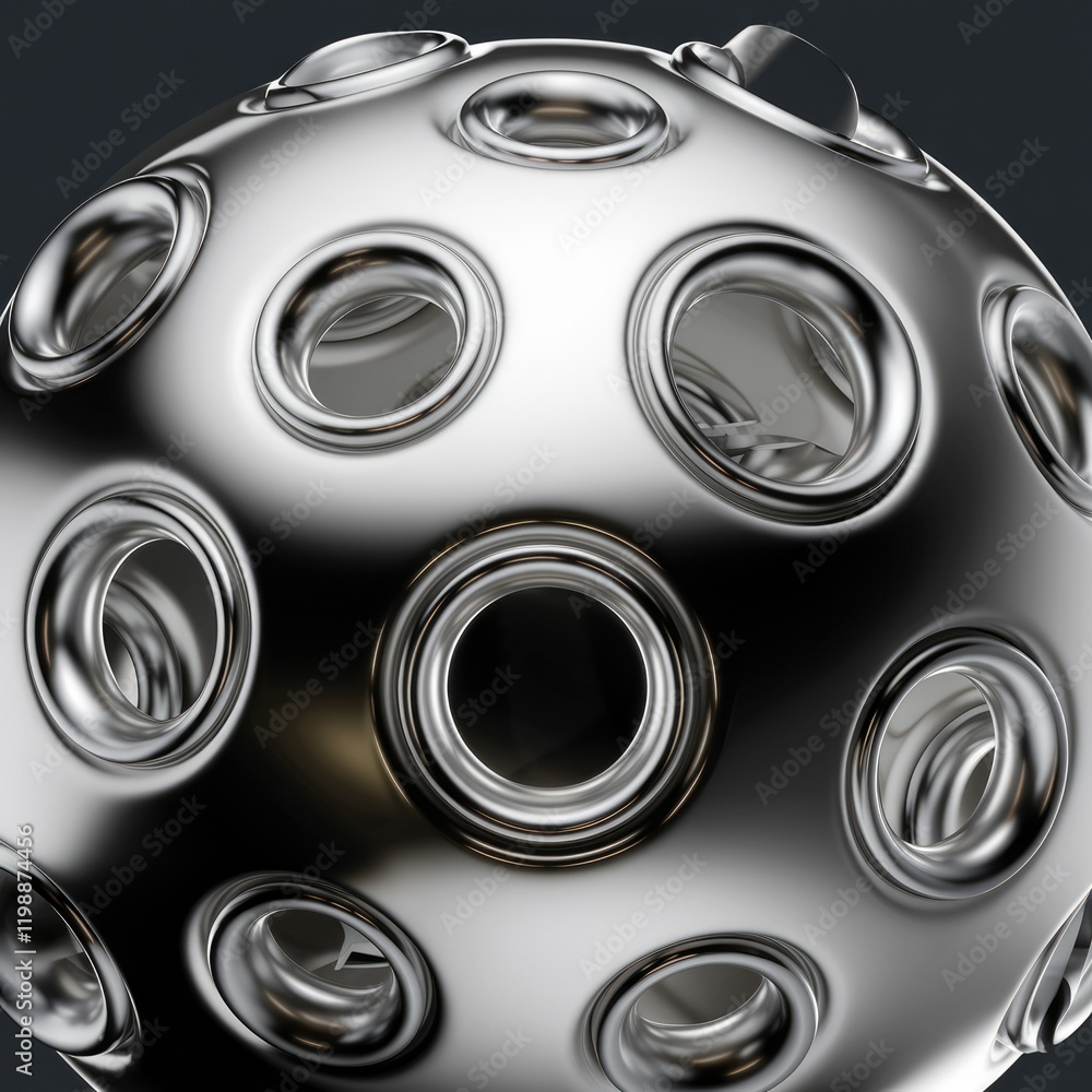 Poster a chrome sphere with numerous circular cutouts, creating a visually appealing geometric pattern.