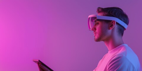 A man wearing a virtual reality headset is looking at a tablet. Concept of immersion and excitement, as the man is fully engaged in the virtual world. The pink background adds a touch of color