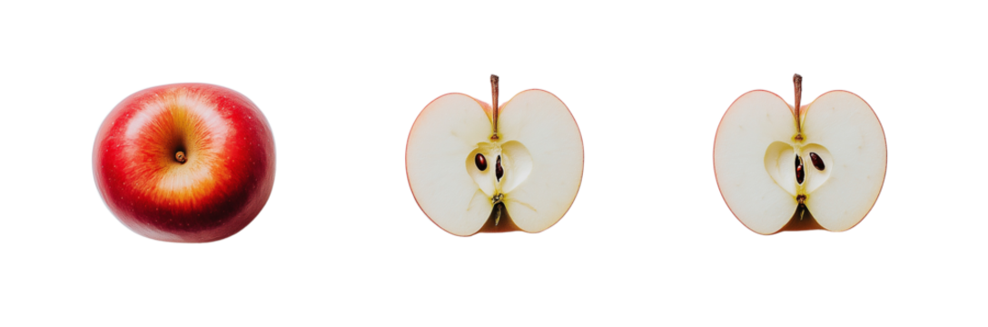 Three different images of a red apple cut in half whole and sliced against a isolated on transparent background png 