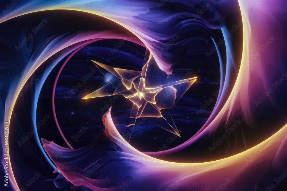 Poster Abstract cosmic art featuring a glowing star within swirling nebulae, creating a mesmerizing visual spectacle.