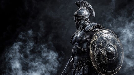 Spartan warrior standing proud, black and white armor detailed, black backdrop with light white smoke