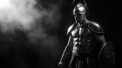 Spartan warrior in a commanding pose, black and white armor shining, with a black background and soft white smoke