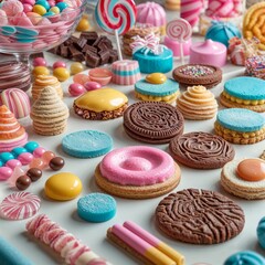 Vibrant Display of Candies, Sweets, Cookies, Pastries, Chocolate Bars, and Lollipops on Light Background, Colorful, Delicious, Sweet Treats