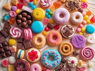 Fototapeta premium Vibrant Display of Candies, Sweets, Cookies, Pastries, Chocolate Bars, and Lollipops on Light Background, Colorful, Delicious, Sweet Treats