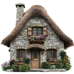 Charming Cozy Stone Cottage Surrounded by Colorful Flowers and Lush Greenery in a Picturesque Setting