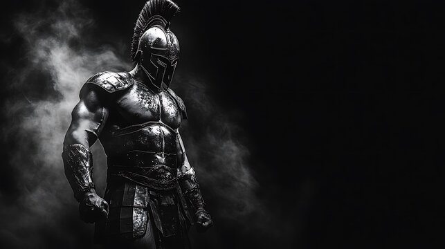 Spartan warrior in a powerful stance, black and white armor highlighted, black backdrop with thin white smoke drifting