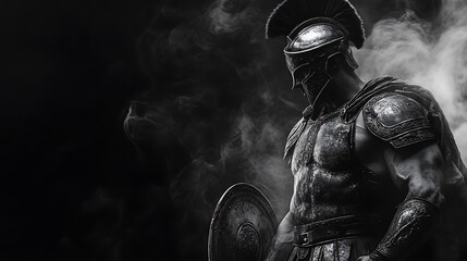 Spartan warrior standing ready, black and white armor detailed, black background with light white smoke swirling