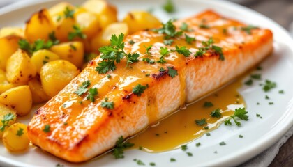 Salmon with Lemon Sauce: A succulent salmon fillet, perfectly grilled and drizzled with tangy lemon sauce, is served with a side of golden roasted potatoes for a delightful culinary experience.  