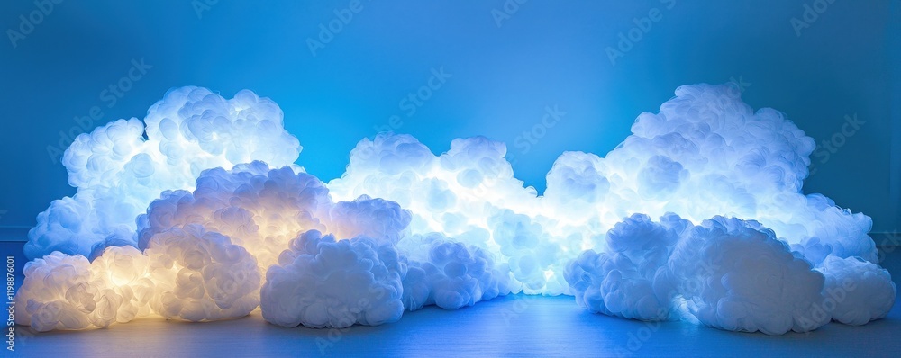 Poster a serene display of illuminated clouds against a soft blue background, creating a calming and ethere
