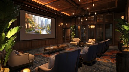 Business conference event space with a large screen, rows of chairs, and a professional atmosphere for meetings.