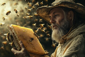A beekeeper holding a honeycomb frame in an apiary, with bees buzzing in the background, photorealistic