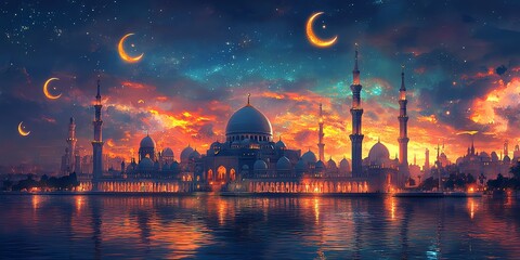 Fototapeta premium Majestic mosque at sunset with crescent moons.