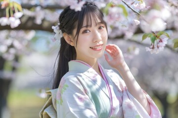 Obraz premium A young woman in a light kimono smiles gently amidst a blossoming cherry tree.