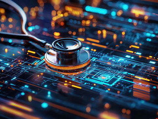 Futuristic stethoscope with advanced digital display and vibrant technology integration