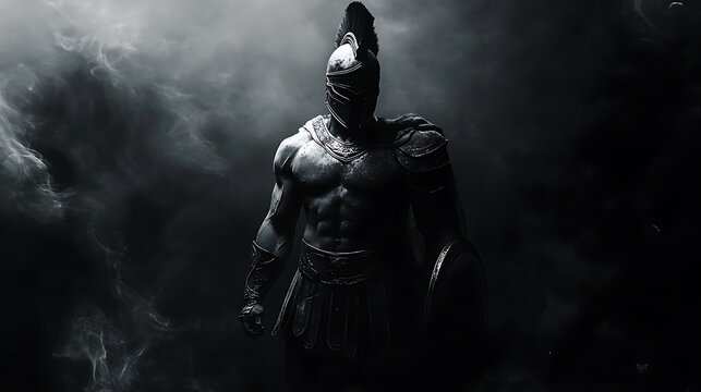 Spartan warrior standing tall, black and white armor glistening, with a dark background and thin white smoke