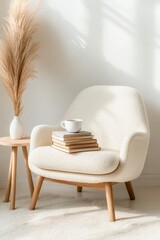 Cozy Minimalist Living Room Design Wool Armchair with Books and Tea on Oak Side Table - Content for Wellness Interiors and Tranquil Home Office Inspiration