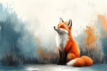 A stylized illustration of a fox sitting gracefully against a soft, colorful background.