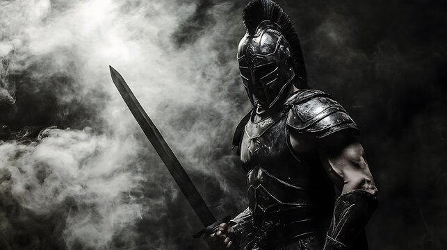 Spartan warrior gripping a sword, clad in black and white armor, surrounded by a black backdrop and light white smoke