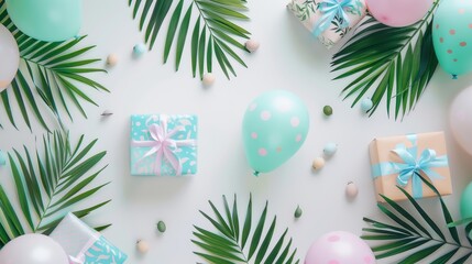Pastel balloons and gift boxes with patterns surrounded by tropical leaves, creating a fun party atmosphere