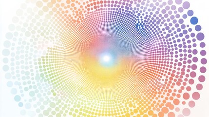 Obraz premium Sacred geometry dot mandala with rainbow chromatic sequence, precise mathematical arrangement of circles, healing energy pattern radiating from center point, modern vector illustration style,