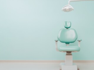 Obraz premium Minimalist Dental Clinic Design Teal Modern Chair and Equipment in Sterile Space - Enhancing Patient Care with Health Tech for Contemporary Practices