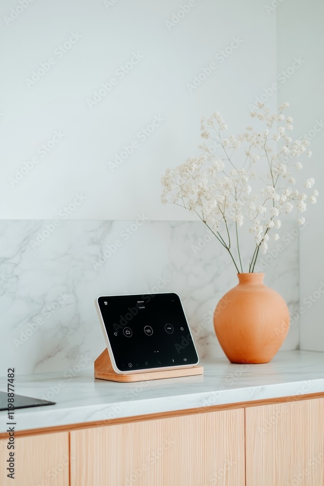 Poster Sleek Smart Kitchen Interface High-Tech Tablet on Marble Backsplash with Wood Stand - Cutting-Edge Home Automation and Functional Design for Modern Culinary Spaces