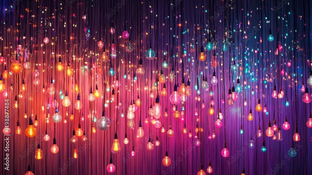 Poster a vibrant display of colorful hanging lights against a gradient background, creating a festive and e