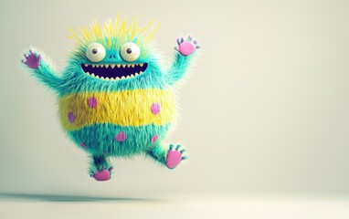 Fototapeta premium A teal-and-yellow striped 3D monster with a large fluffy belly, a navel, and pink polka dots, joyfully jumping on a white background