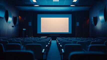 Fototapeta premium Business conference room with a large screen, stylish decor, and rows of chairs set up for attendees.