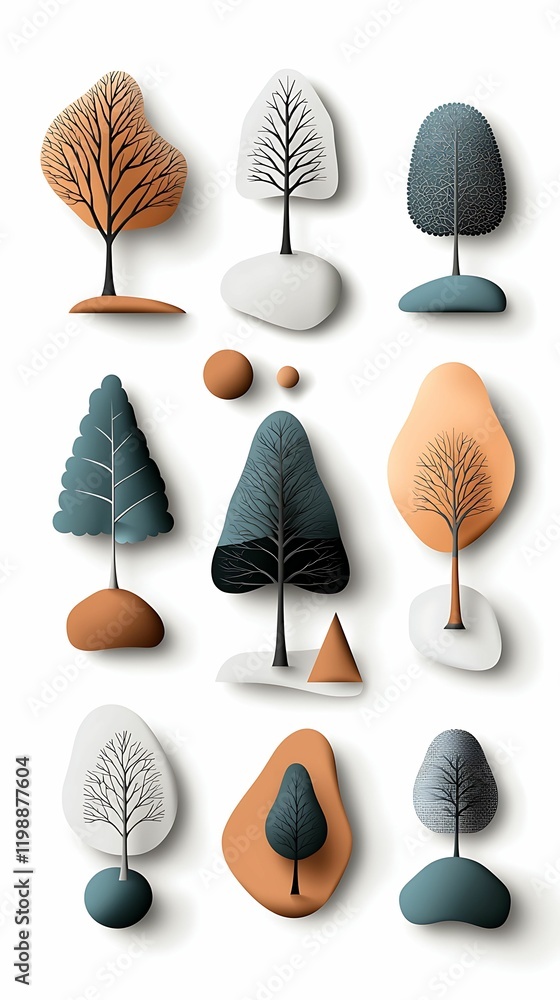Poster trees various shapes style concept, a collection of stylized trees and shapes in various colors, sho