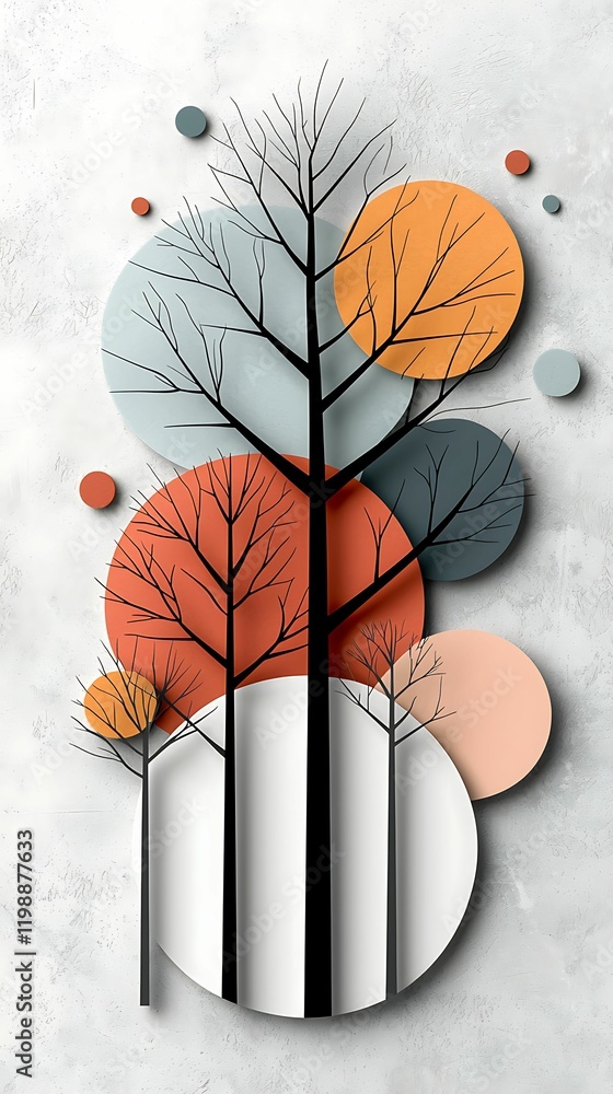 Aufkleber trees various shapes style concept, abstract design featuring stylized trees and circular shapes in 