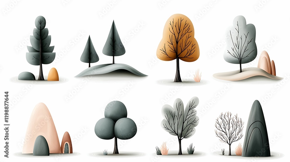 Aufkleber trees various shapes style concept, stylized illustrations of various trees and hills in a minimalis