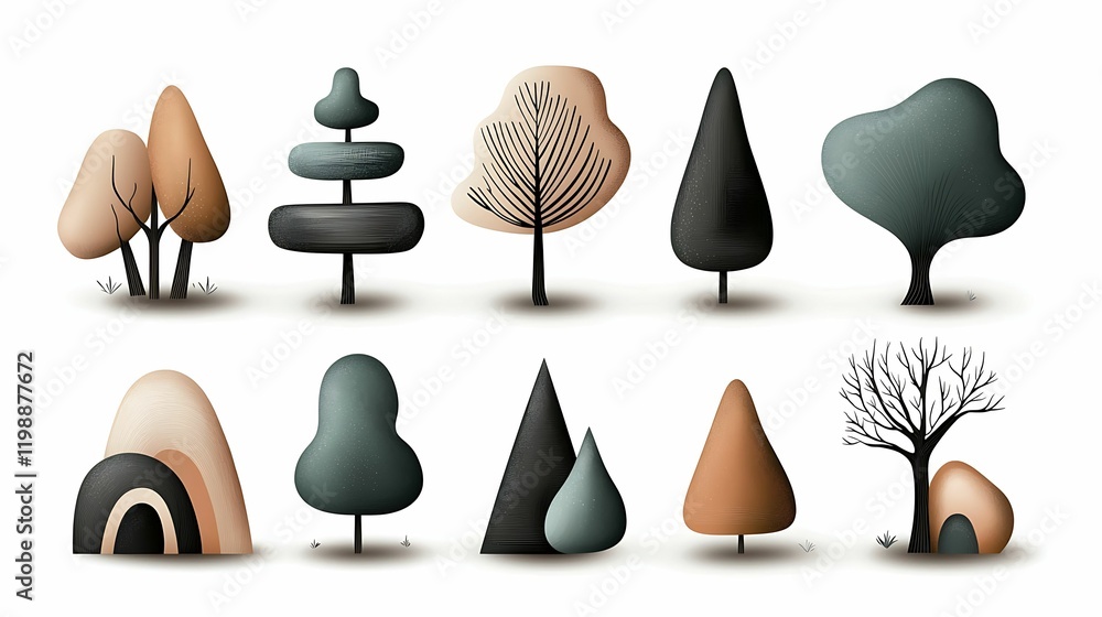 Poster trees various shapes style concept, stylized trees and natural shapes in muted colors, showcasing a 