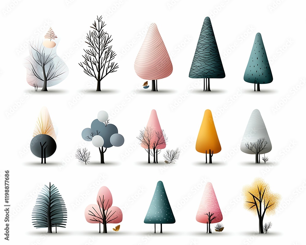 Aufkleber trees various shapes style concept, a collection of stylized trees in various shapes and colors, sho
