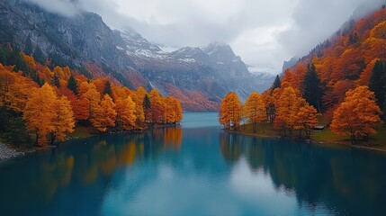 A serene autumn landscape featuring vibrant orange trees and a tranquil lake surrounded by mountains.