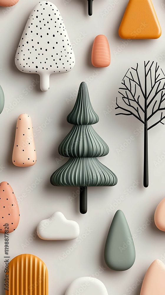Aufkleber trees various shapes style concept, colorful tree-shaped decorations arranged on a neutral backgroun