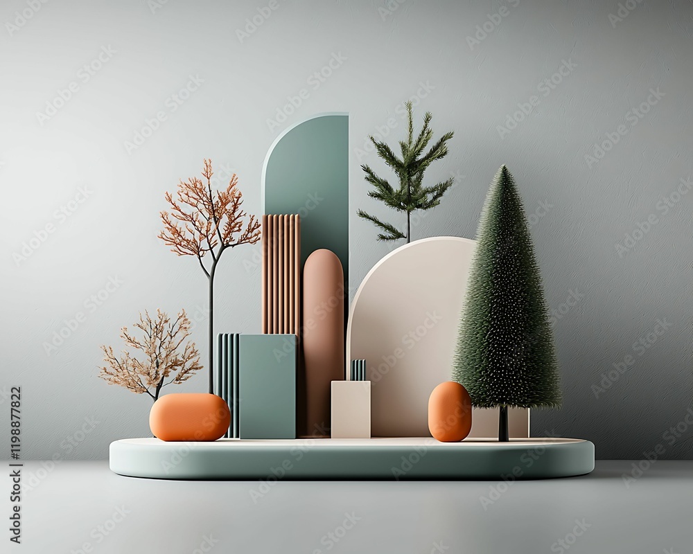 Poster trees various shapes style concept, a modern arrangement of geometric shapes and abstract trees in a