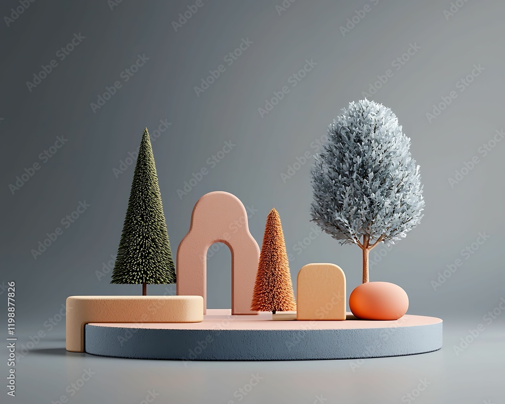 Poster trees various shapes style concept, a colorful, minimalistic landscape featuring stylized trees and 