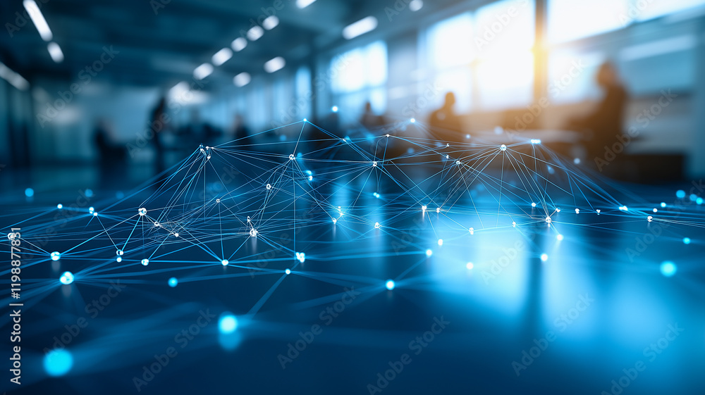 Poster global network in office space: abstract image depicting a glowing network of connections overlaid o
