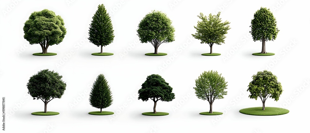 Aufkleber trees various shapes style concept, a variety of ten distinct trees displayed in a row, showcasing d