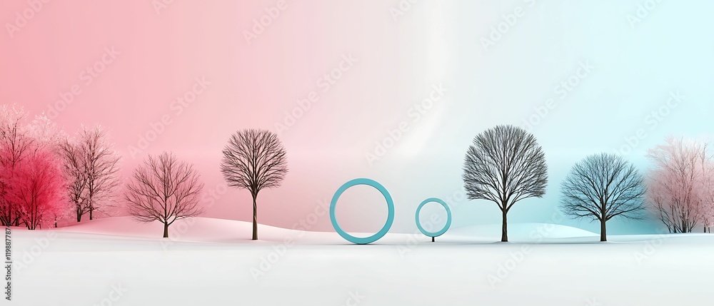 Aufkleber trees various shapes style concept, a serene winter landscape featuring stylized trees and colorful 