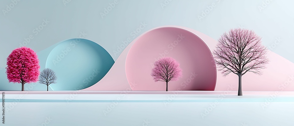 Aufkleber trees various shapes style concept, surreal landscape with colorful trees and soft geometric shapes 