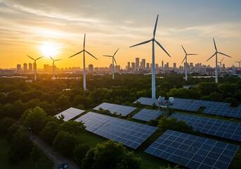 Solar panels and wind turbines in a green urban park with a city skyline at sunset, representing sustainable energy solutions.
