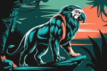 A majestic lion with a parrot's head stands on a rock in a vibrant jungle sunset.