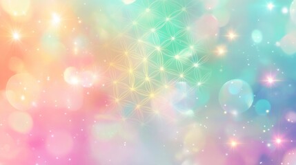 Sacred geometry flower of life pattern in luminous golden lines, ethereal pastel rainbow bokeh background, soft crystalline sparkles, mystical gradient blend of mint green pink and turquoise,
