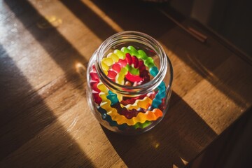 Colorful gummy worms coiled in a glass jar, bathed in sunlight on a wooden table.