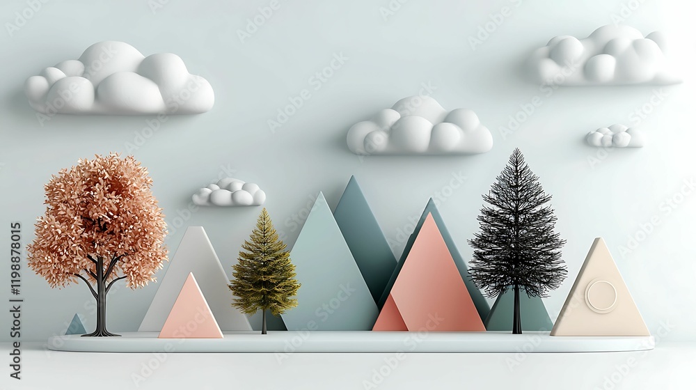 Aufkleber trees various shapes style concept, colorful geometric mountains and trees create a whimsical landsc